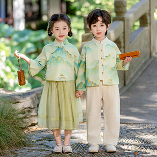 幼儿园唐装新中式长袖绿叶仙踪汉服套装小学生国学演出服装
