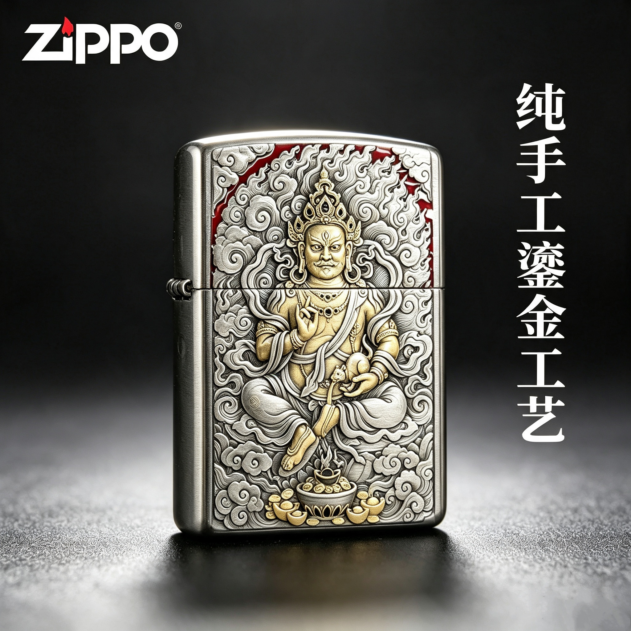 zippo 正品防风火机手工鎏金黄财神盔甲火机送男士礼物