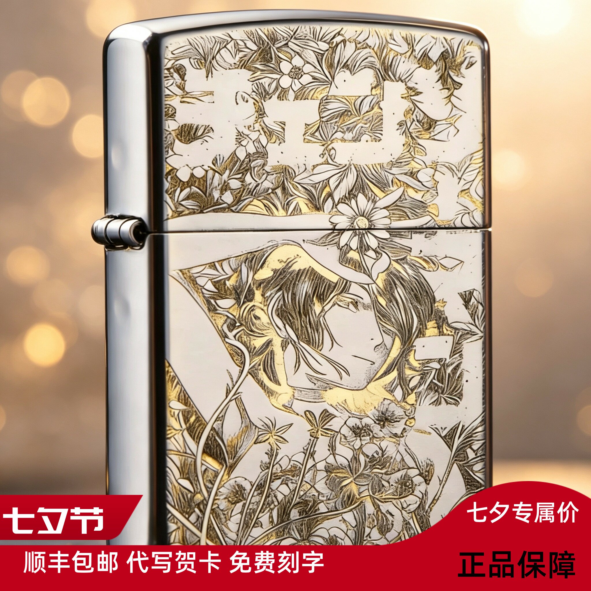 zippo/之宝正版花海雷塞银色精雕防风火机送男士礼物