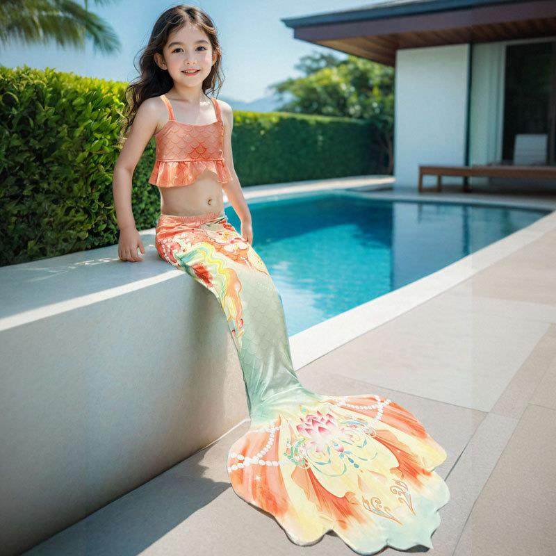 美人鱼荷塘韵色女童鱼尾巴女孩公主裙游泳表演潜水温泉比基尼泳衣