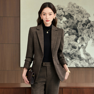 格子西服套装女2025秋冬高级感职业干练工作服通勤正装西装外套