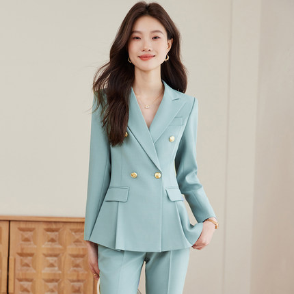 时尚气质浅蓝色西服套装女秋季新款简约干练女神范通勤长袖小西装