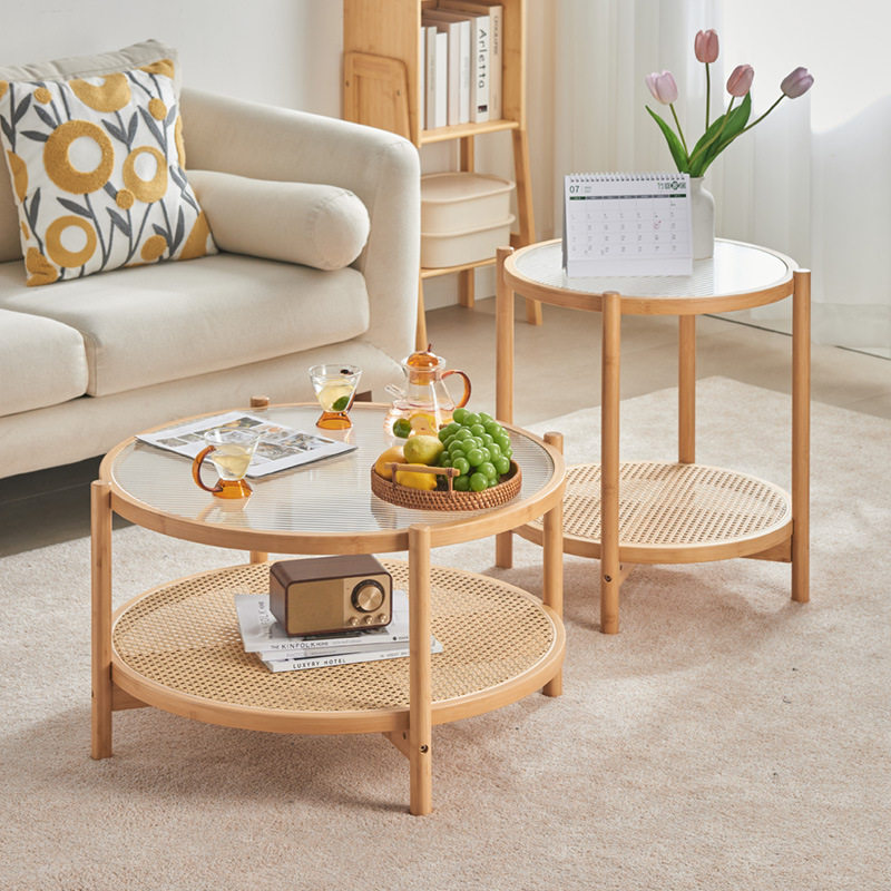 日式圆形实木藤编玻璃茶几客厅家用小户型现代简约沙发边几小茶桌