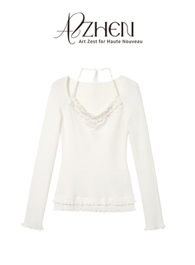 AZZHEN【甜心Rachel】少女感挂脖针织衫百搭木耳修身打底上衣