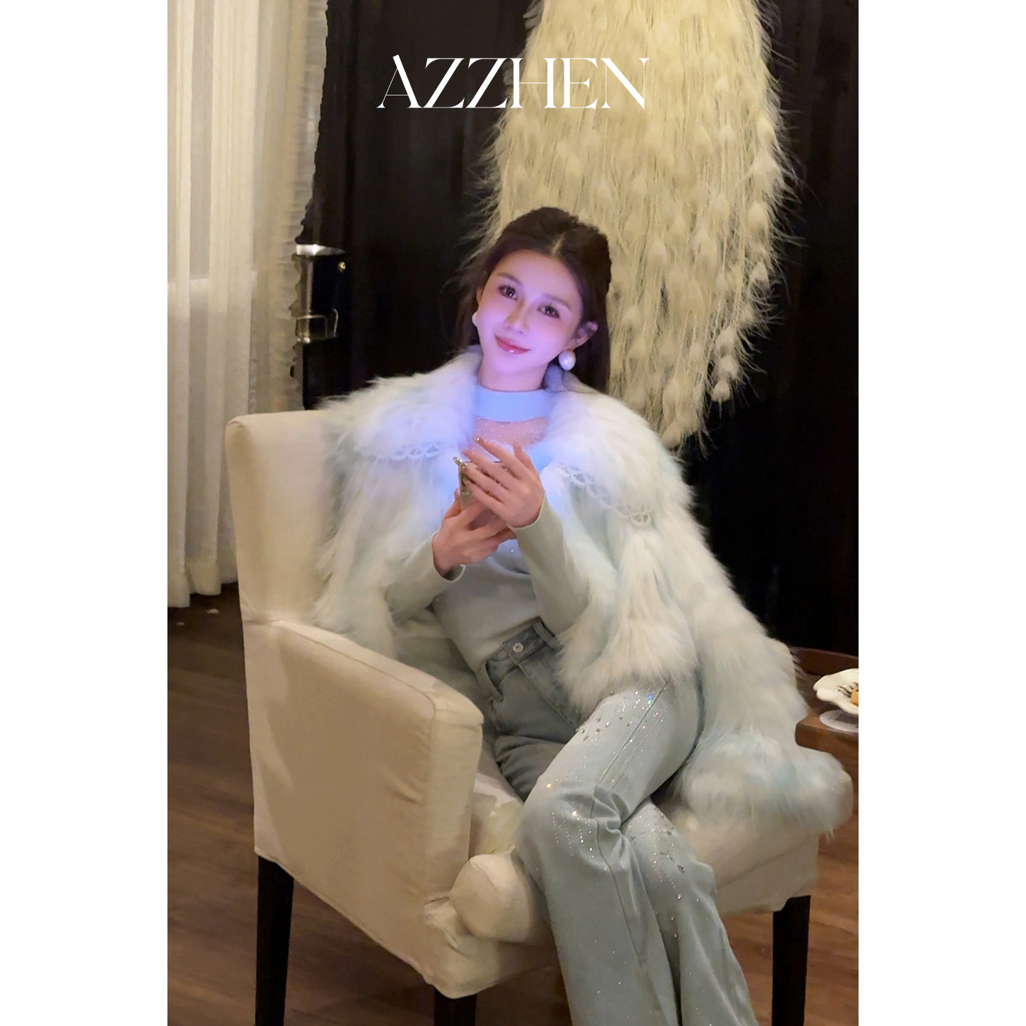 AZZHEN【冰川雪狐】貉子毛大翻领蕾丝拼接重工皮草外套年会穿搭,女装/女士精品,皮草,淘宝优惠券,粉丝福利购,淘宝优惠卷