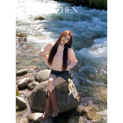 AZZHEN【云朵夜曲】立领灯笼袖风衣外套女秋季新款设计感粉色上衣