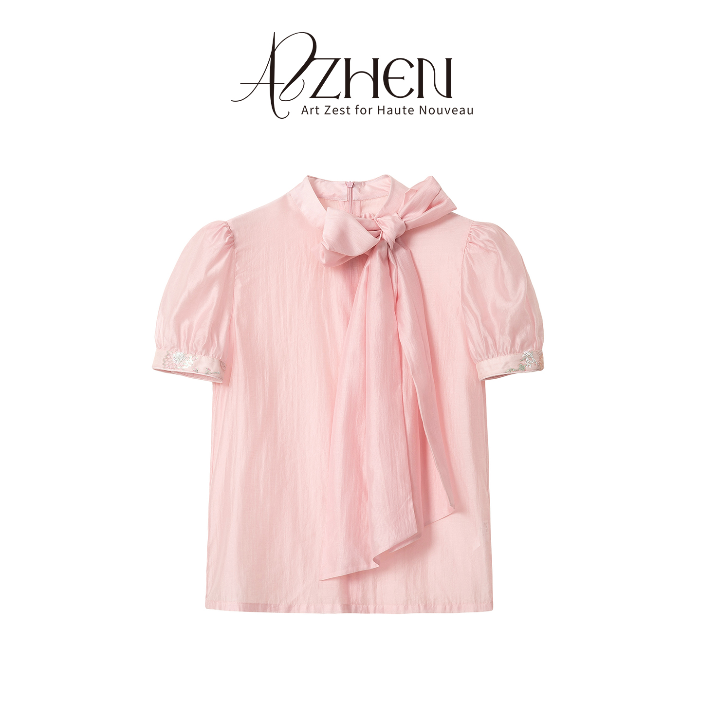 AZZHEN【樱花粉黛】夏季新品蝴蝶结珠片绣短袖衬衫套装女