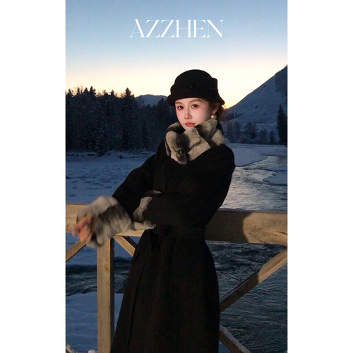 AZZHEN【温莎小姐】100%羊毛双面大衣长款领口袖口拼接獭兔毛外套