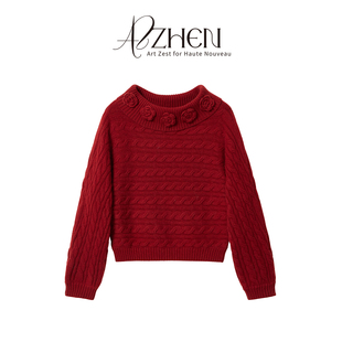 AZZHEN 慵懒风一字肩毛衣圣诞氛围针织上衣 山茶礼赞