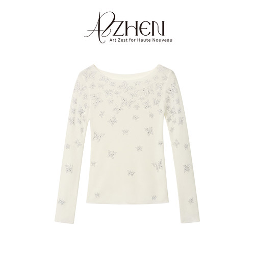 轻奢风蝴蝶烫钻白色针织衫女