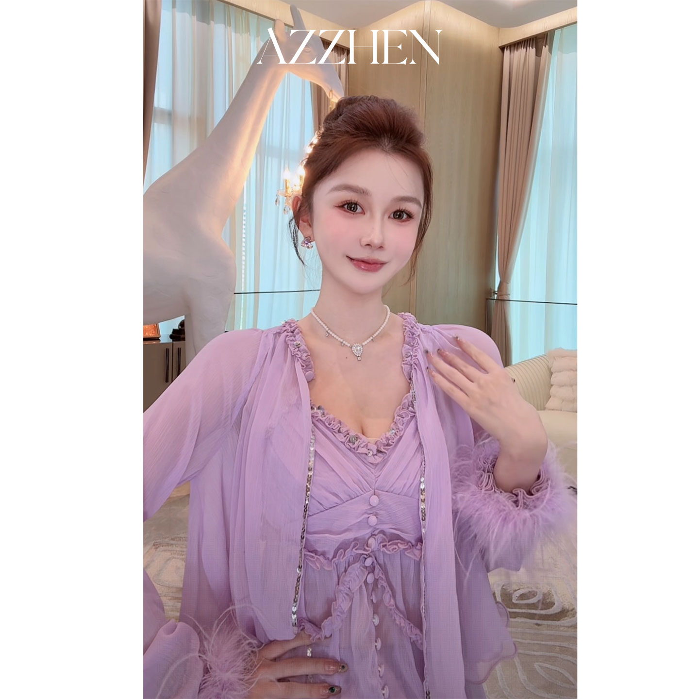 AZZHEN【幻境鸢尾】梦幻紫雪纺吊带+开衫+半裙三件套秋季新款套装