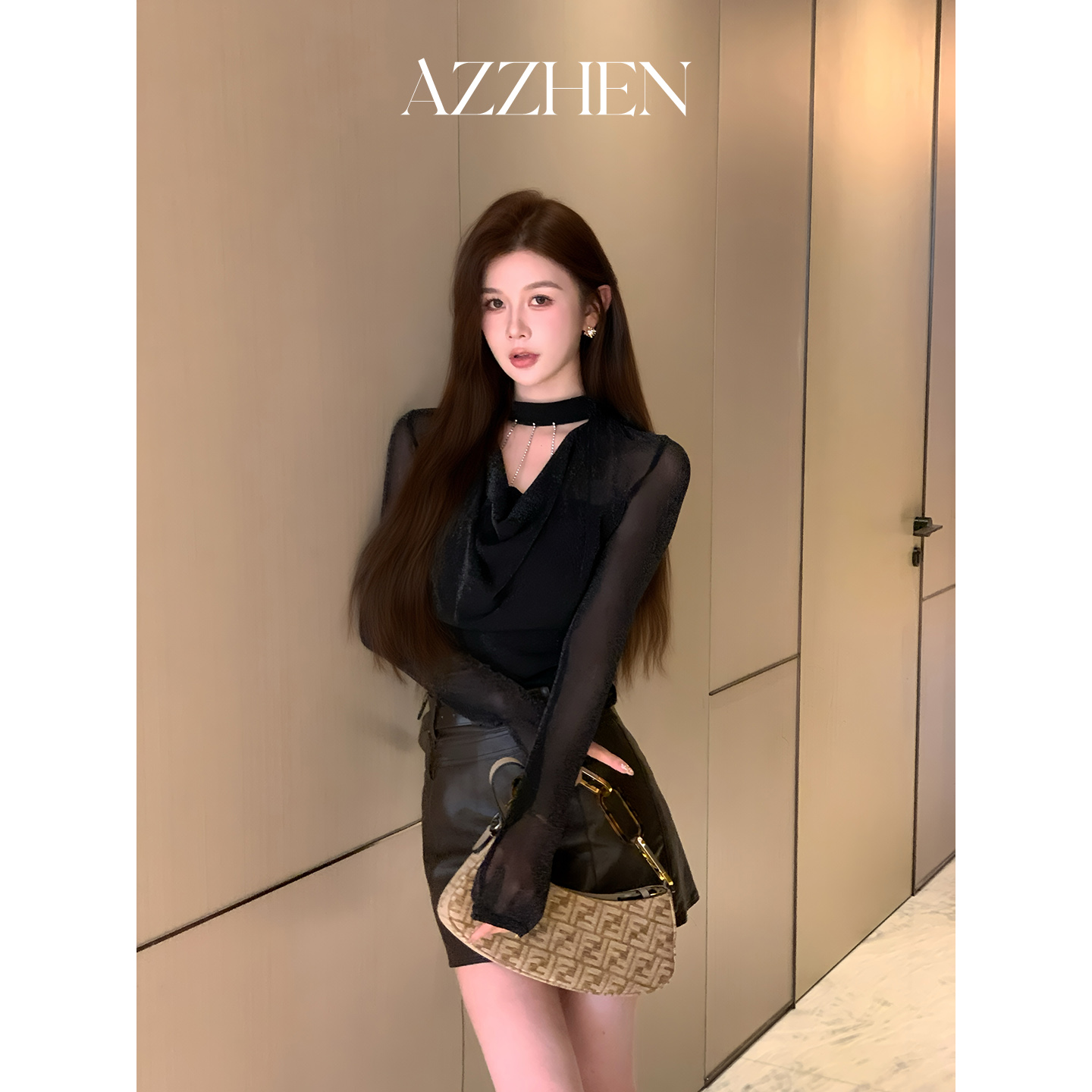 AZZHEN【摩登引力】复古时尚荡领针织衫女秋新款修身长袖黑色上衣