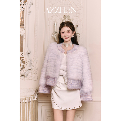 AZZHEN【雪国女星】高级气质100白貉毛皮草外套冬季保暖紫色上衣