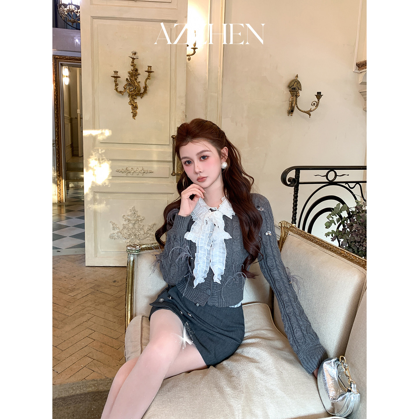 AZZHEN【雾羽清秋】蝴蝶结亮钻羽毛针织开衫,女装/女士精品,毛衣,淘宝优惠券,粉丝福利购,淘宝优惠卷