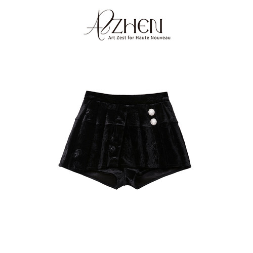 拉AZZHEN阿祯【天鹅圆舞曲】重工压花钻扣丝绒百褶半身短裙女