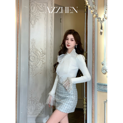 AZZHEN【浪漫倾心】优雅百搭显瘦蝴蝶结灯笼袖针织衫长袖打底