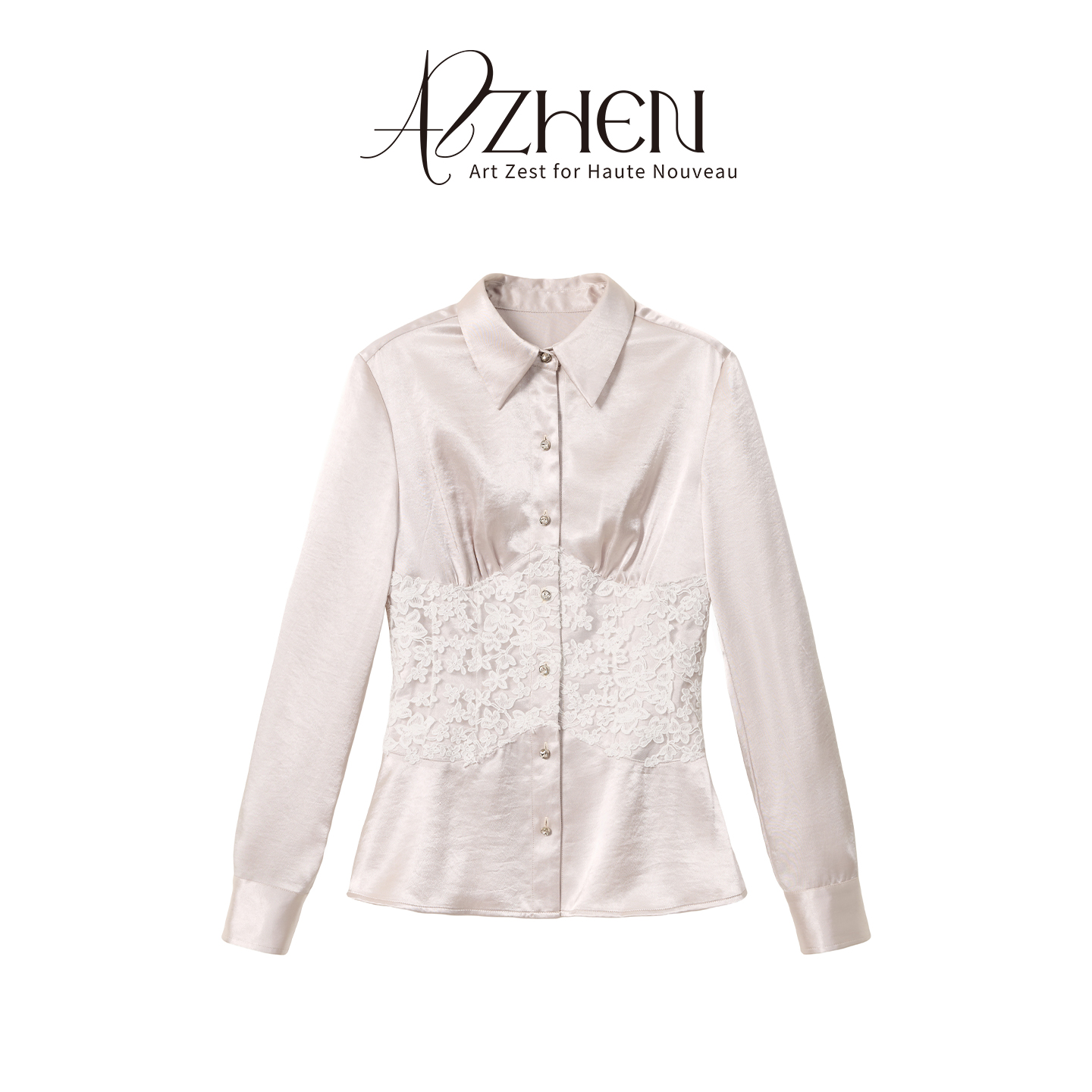 AZZHEN【银尘秘境】鱼骨蕾丝钻石缎面衬衫女秋季新款气质长袖上衣