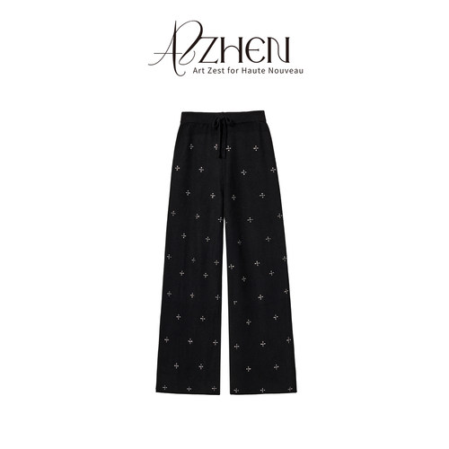 AZZHEN【繁星漫游】慵懒垂坠感重工高腰宽松烫钻针织阔腿裤子