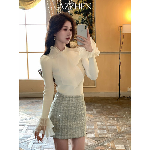 AZZHEN【闪耀巴黎】重工亮片小香风珠片编制粗花呢短裙