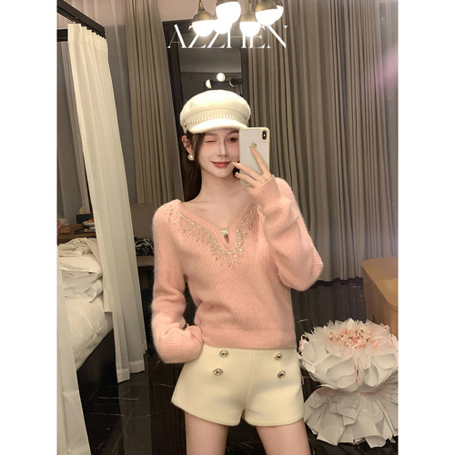 AZZHEN【心愿荡漾】温柔风绵羊毛混纺流苏钻链两面穿V领针织衫