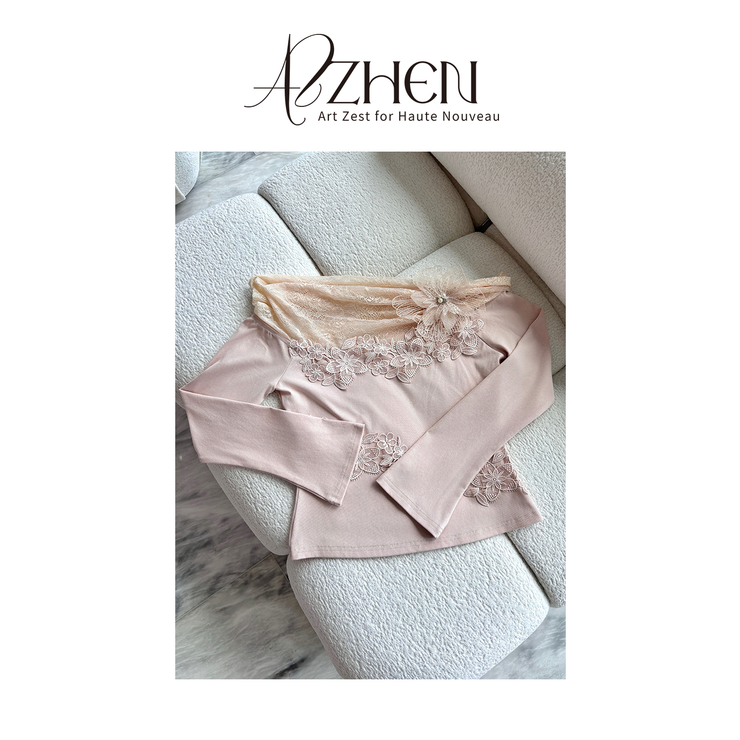 AZZHEN【浮花圣歌】设计感一字肩花朵水溶蕾丝衫女春夏长袖上衣