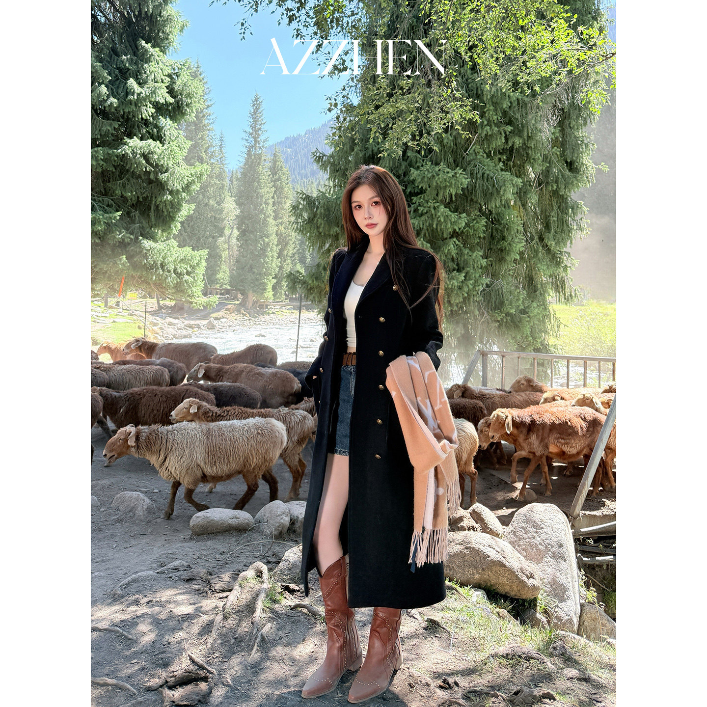 AZZHEN【缪斯女神】气质复古双排金扣羊毛呢大衣女黑色毛呢外套,女装/女士精品,毛呢外套,淘宝优惠券,粉丝福利购,淘宝优惠卷