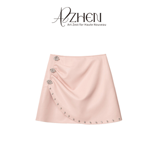 AZZHEN 重工镶钻PU高腰A字皮裙设计感短裙 西西里记忆