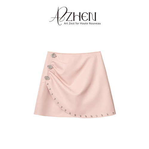 AZZHEN【西西里记忆】重工镶钻PU高腰A字皮裙设计感短裙