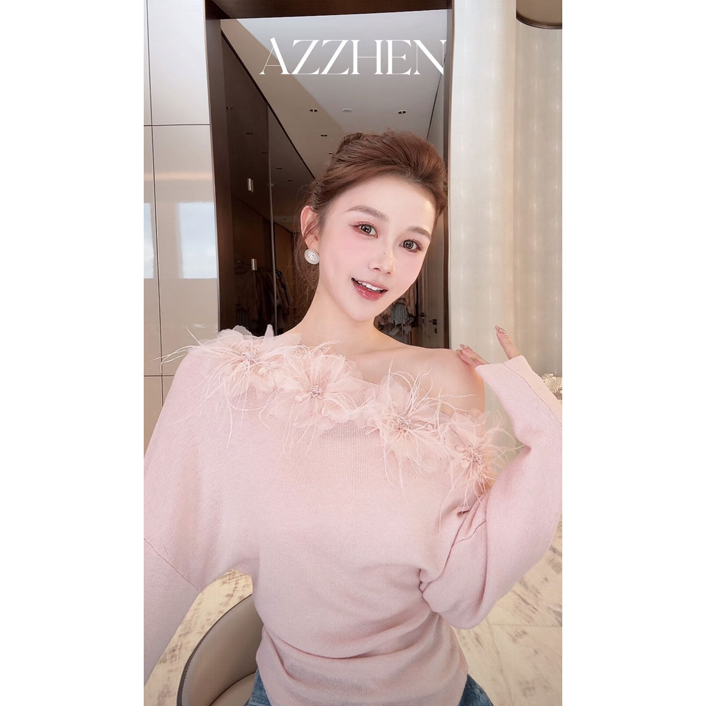 AZZHEN羽毛拼接斜肩针织衫