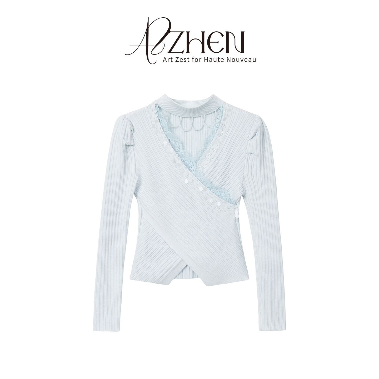 AZZHEN【一见倾心】法式气质交叉V领挂脖针织衫蕾丝花边拼接打底