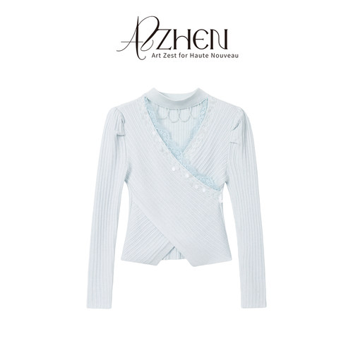 AZZHEN【一见倾心】法式气质交叉V领挂脖针织衫蕾丝花边拼接打底