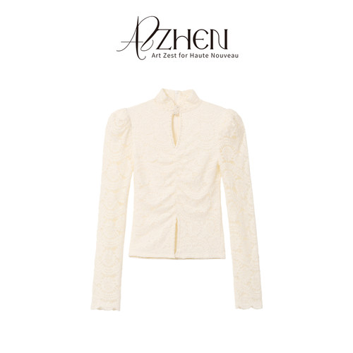 AZZHEN【悄然心动】国风立领盘口蕾丝打底衫设计感内搭