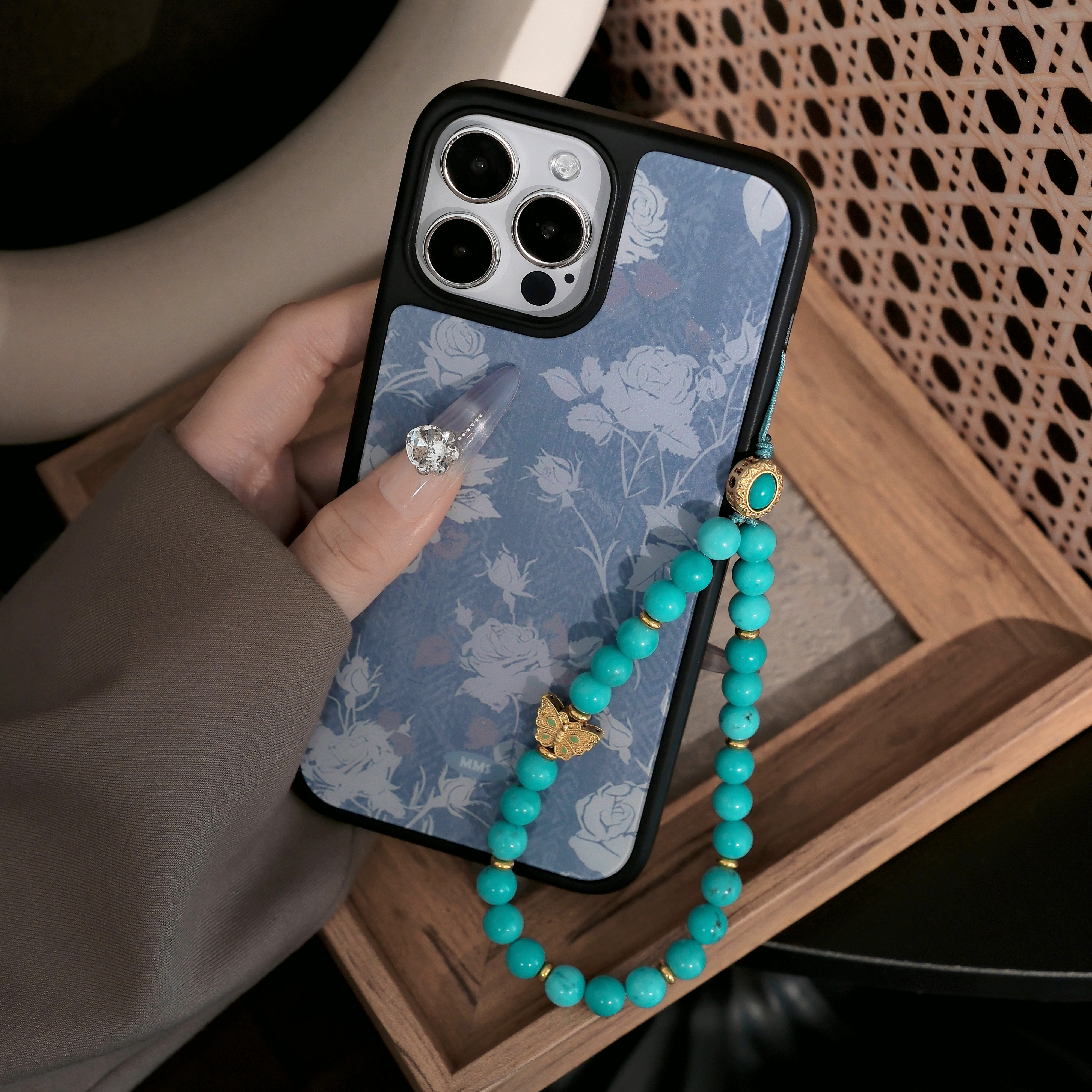 复古国风牛仔蓝玫瑰花磨砂手机壳