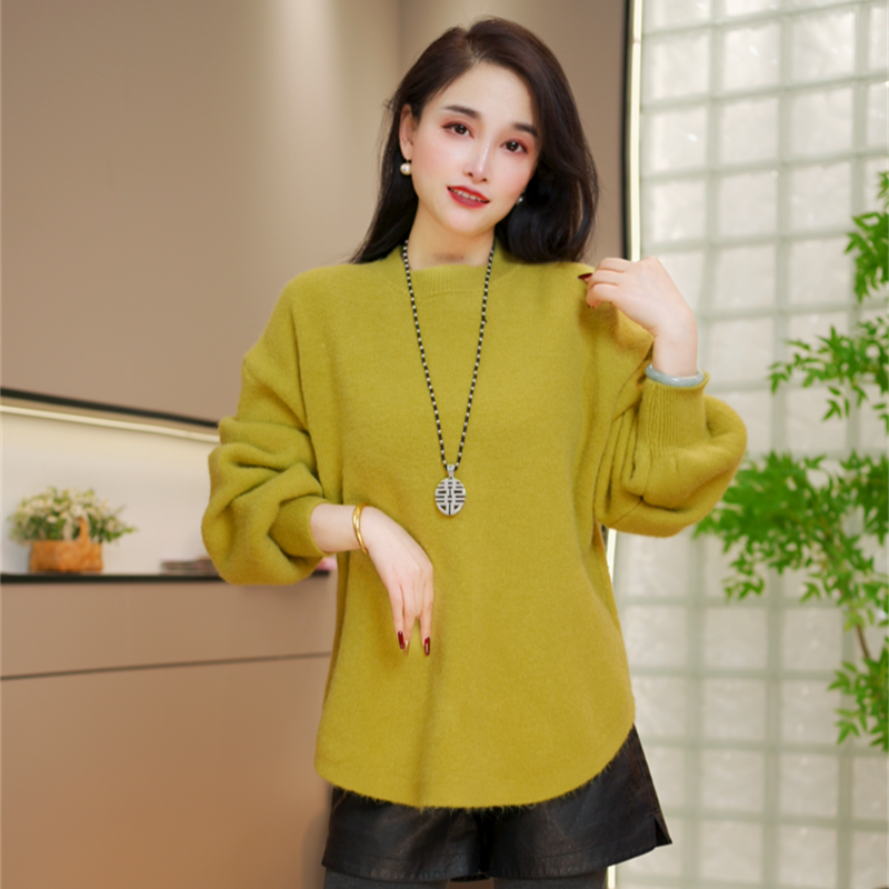 秋冬季长袖圆领针织衫女不规则下摆设计流行上衣休闲通勤打底衫潮