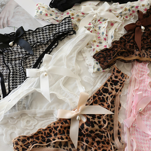 网纱蝴蝶结豹纹珍珠丁字裤内裤