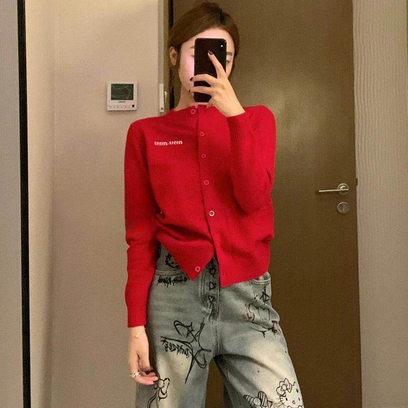 欧洲站女装毛衣女2025春季新款圆领红色打底衫羊毛长袖针织开衫潮