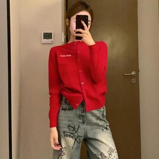 欧洲站女装毛衣女2025春季新款圆领红色打底衫羊毛长袖针织开衫潮