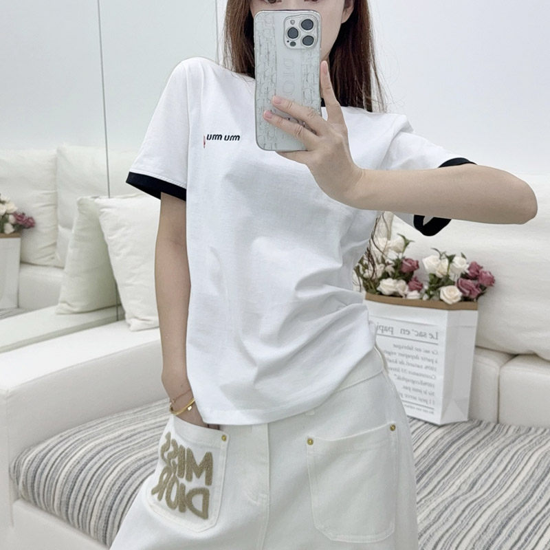 小香风短袖撞色圆领T恤女上衣潮