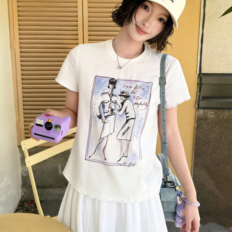 白色短袖卡通印花钉珠棉T恤女装