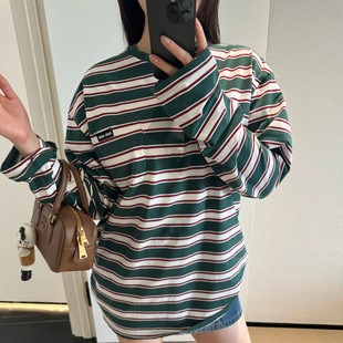条纹南油高端女装 T恤衫 2025秋季 绿色条纹长袖 纯棉上衣潮 新款 热卖