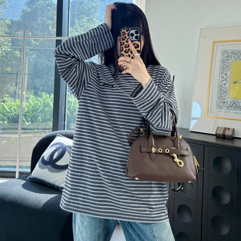 灰色复古条纹宽松长袖T恤女上衣