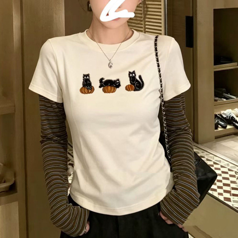 2026新款圆领猫咪刺绣假两件拼接条纹长袖T恤女白色秋季上衣百搭