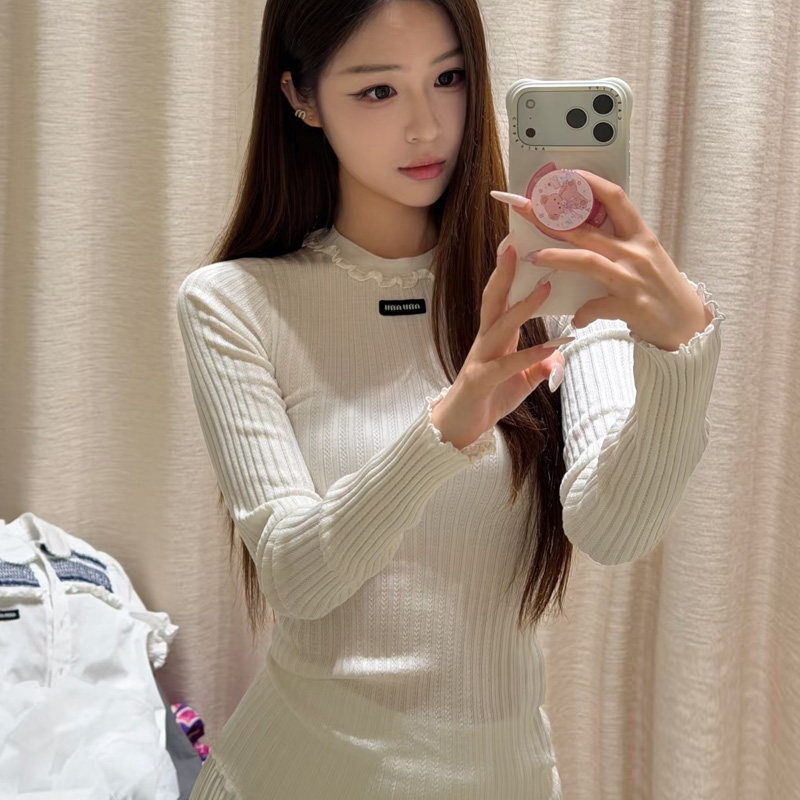 白色荷叶边薄款显瘦针织打底衫女