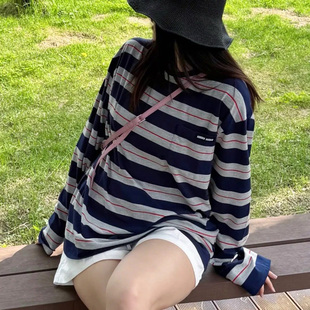 南油高端女装2025秋季新款圆领拼接条纹宽松时尚百搭长袖T恤衫潮