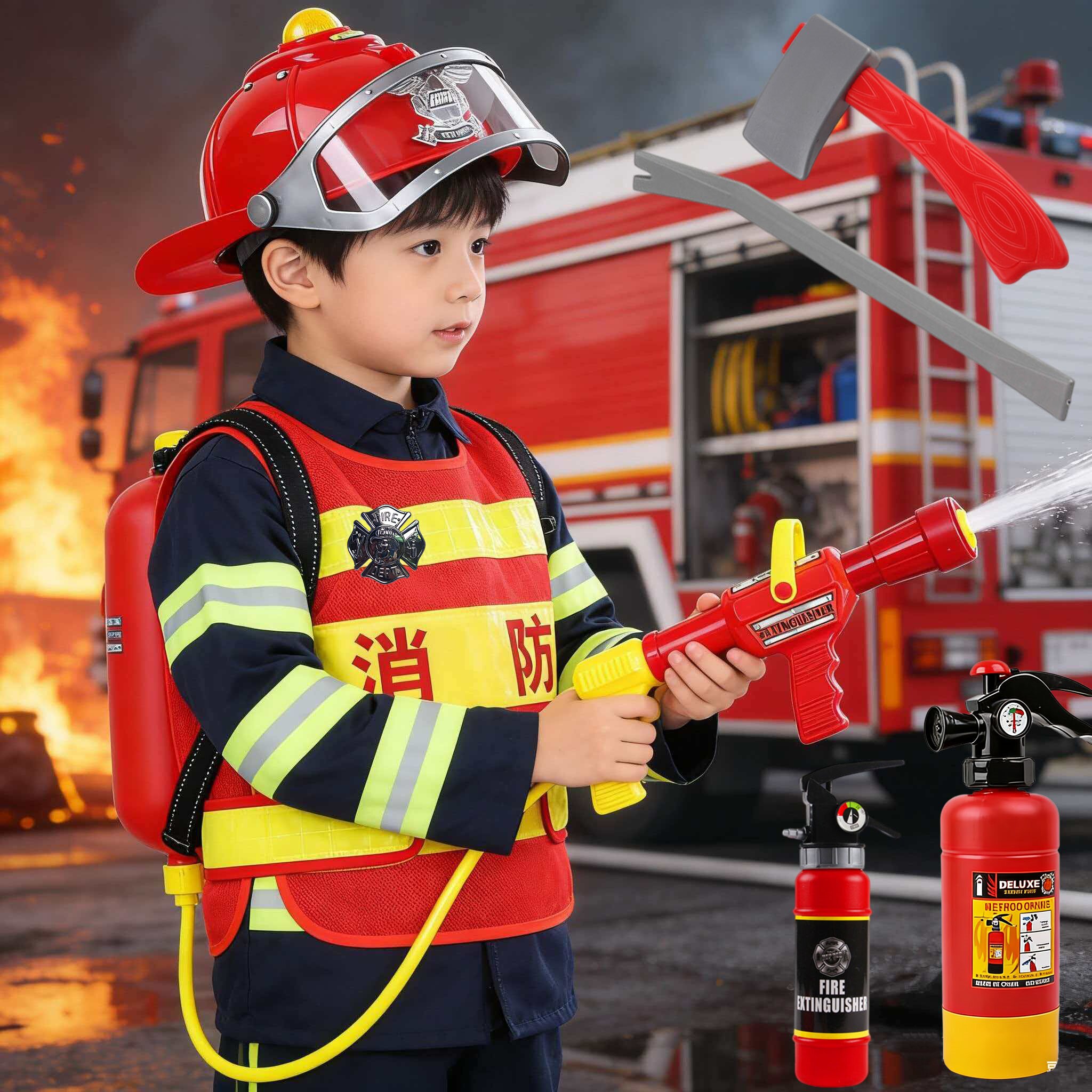 儿童消防员服装玩具套装男孩角色扮演水枪灭火器马甲帽子6过家家