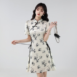 新中式国风连衣裙女夏季2026新款盘扣小个子水墨画气质改良旗袍裙