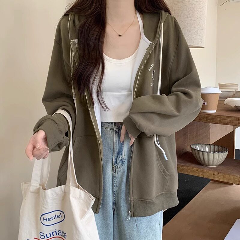 美拉德穿搭长袖连帽卫衣女秋冬加绒保暖宽松遮肚子拉链外套上衣潮