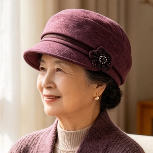 秋冬户外中老年女帽妈妈薄款布帽春秋花朵装饰遮阳帽奶奶优雅帽子