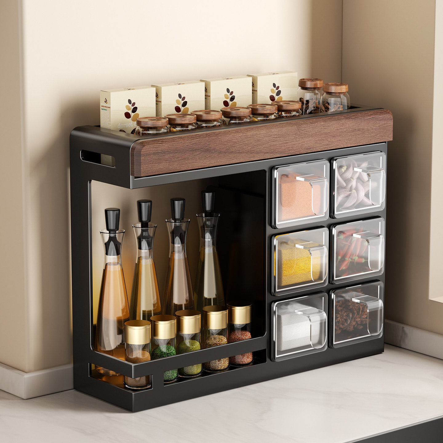 胡桃木厨房调料架置物架台面多功能调味罐收纳盒油盐酱醋调料架子