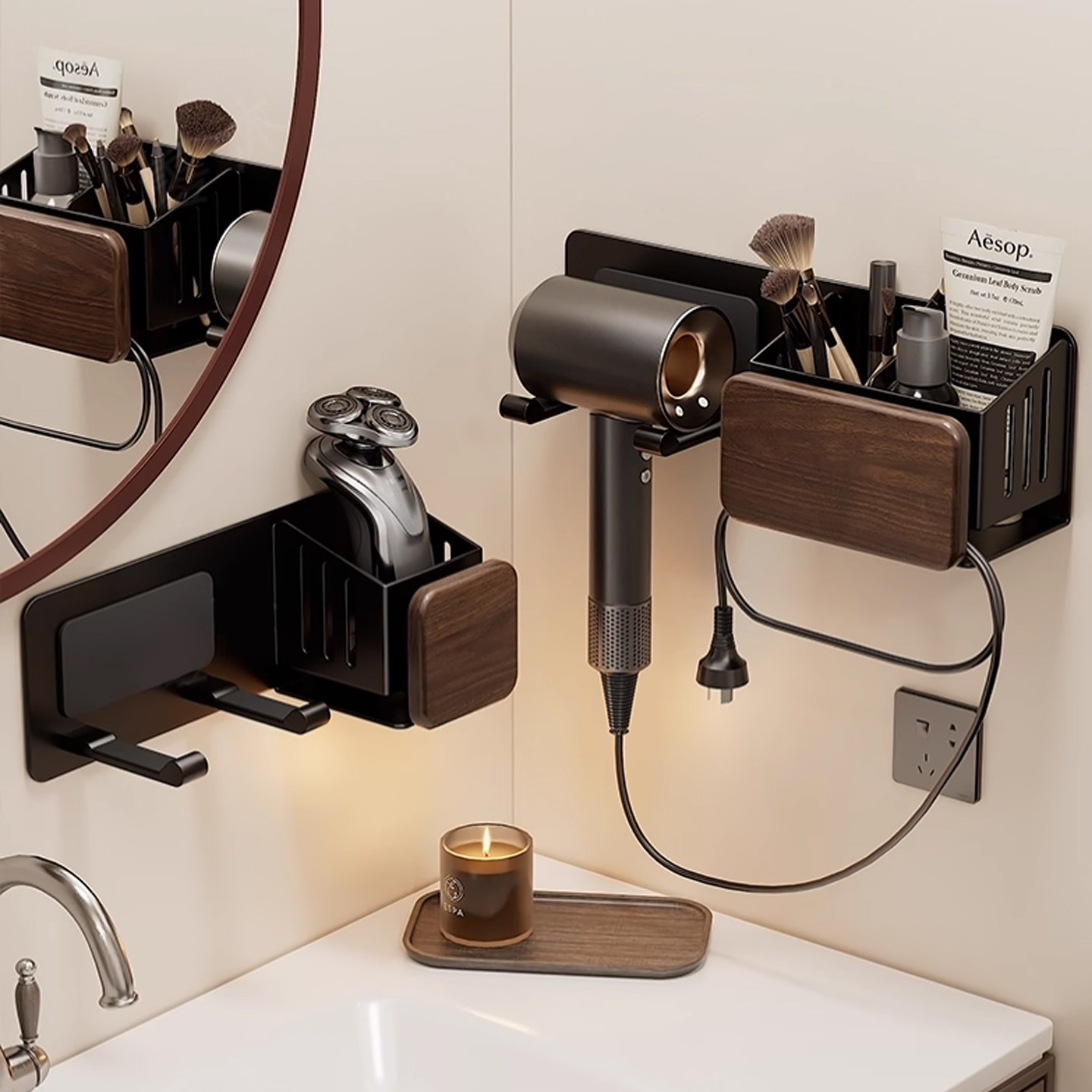 中古风胡桃木吹风机置物架子免打孔电吹风挂架浴室吹风筒收纳支架,家庭/个人清洁工具,吹风机置物架,淘宝优惠券,粉丝福利购,淘宝优惠卷